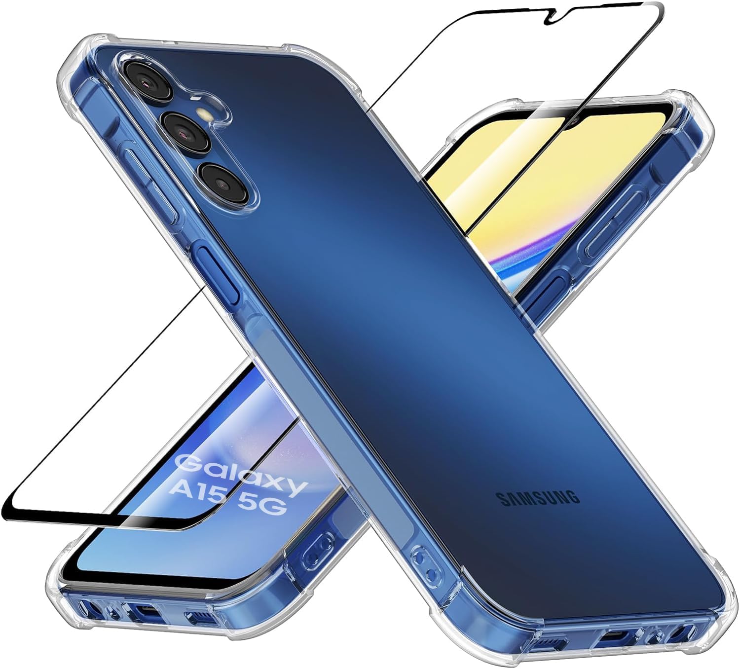 AMPLE Galaxy A15 Case with 1 Pack Tempered Glass, Crystal Clear TPU Silicone Case with Airbag Corners, Drop Protection Cover For Samsung Galaxy A15 5G