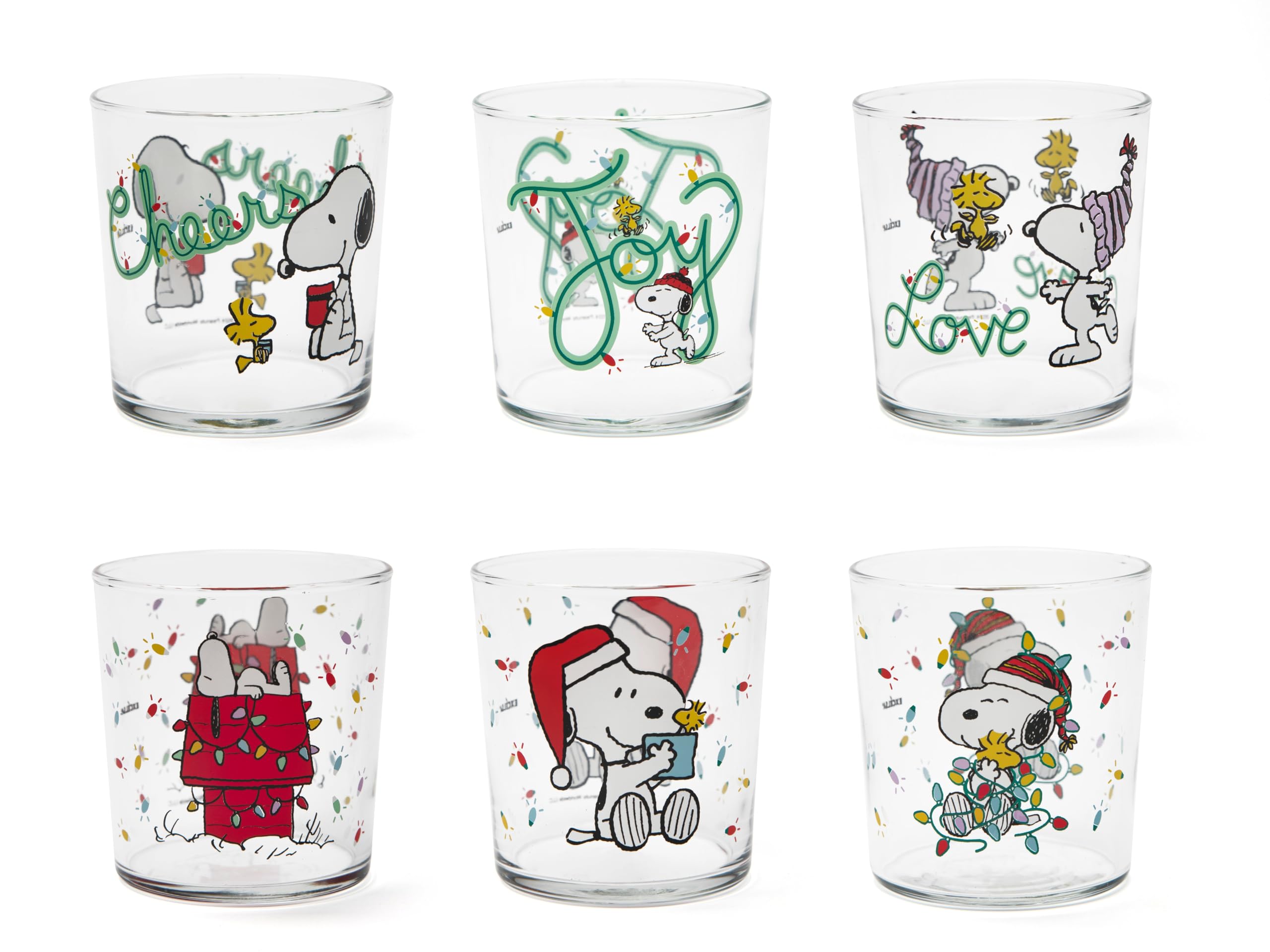 Excelsa Peanuts Shiny & Bright Set 6 Bicchieri in Vetro Natalizi, Decorati con Snoopy e Woodstock, 350ml, 8,5x8,8 cm, Lavabili in Lavastoviglie