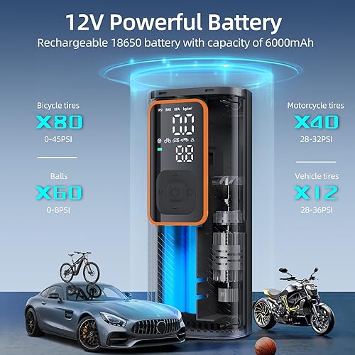 Miniatura 4 de Inflador de neumáticos inalámbrico Compresor de aire portátil, bomba de aire de 150 PSI con batería recargable, medidor de presión de neumáticos,
