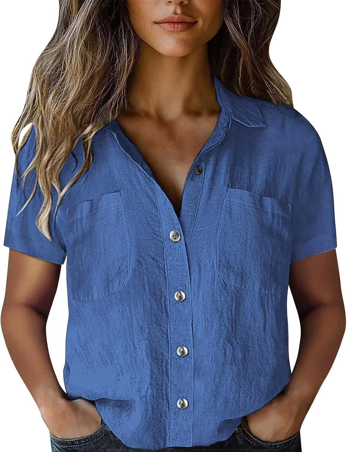 Womens Button Down Linen Shirt Short Sleeve Cotton Blouse Summer Casual Loose Fit Beach Tops