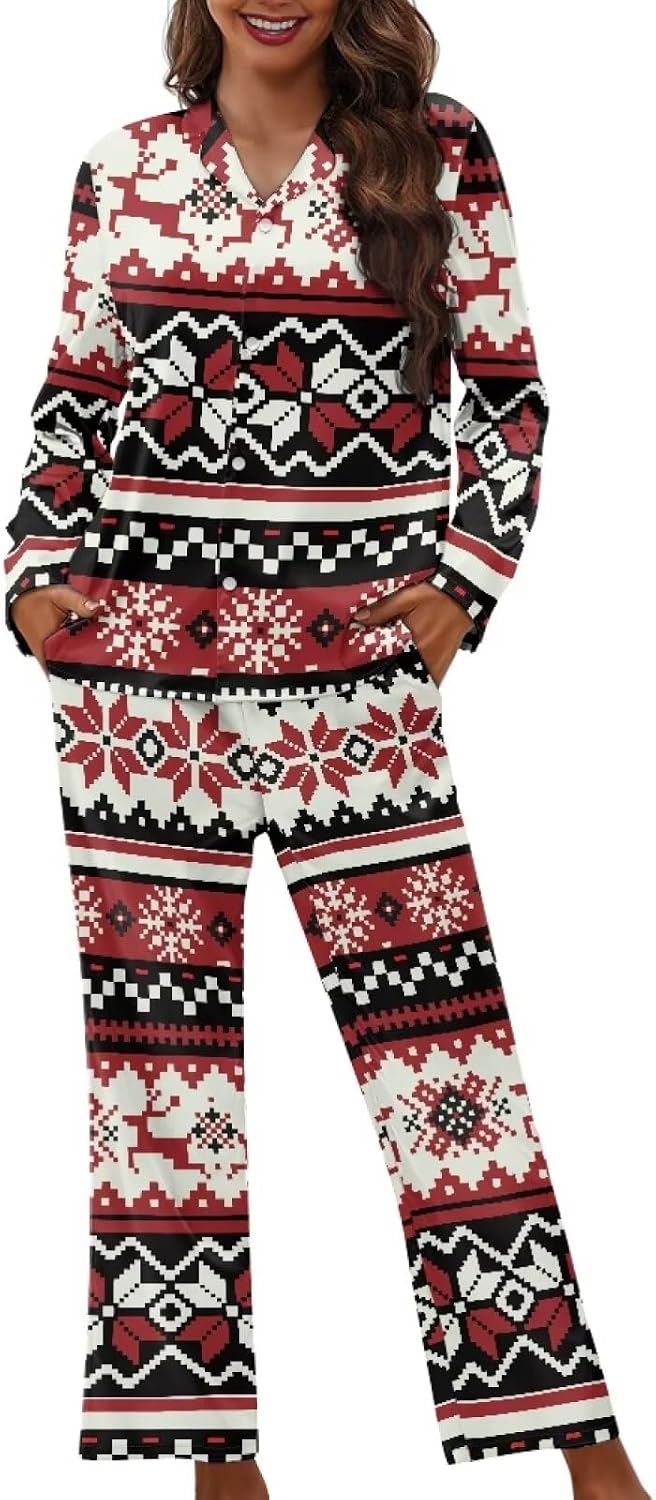 Modysero Button Up Pajama Set for Women Long Sleeve Christmas Pajamas Tops And Pants Womens Sleepwear 2 Piece Nightwear