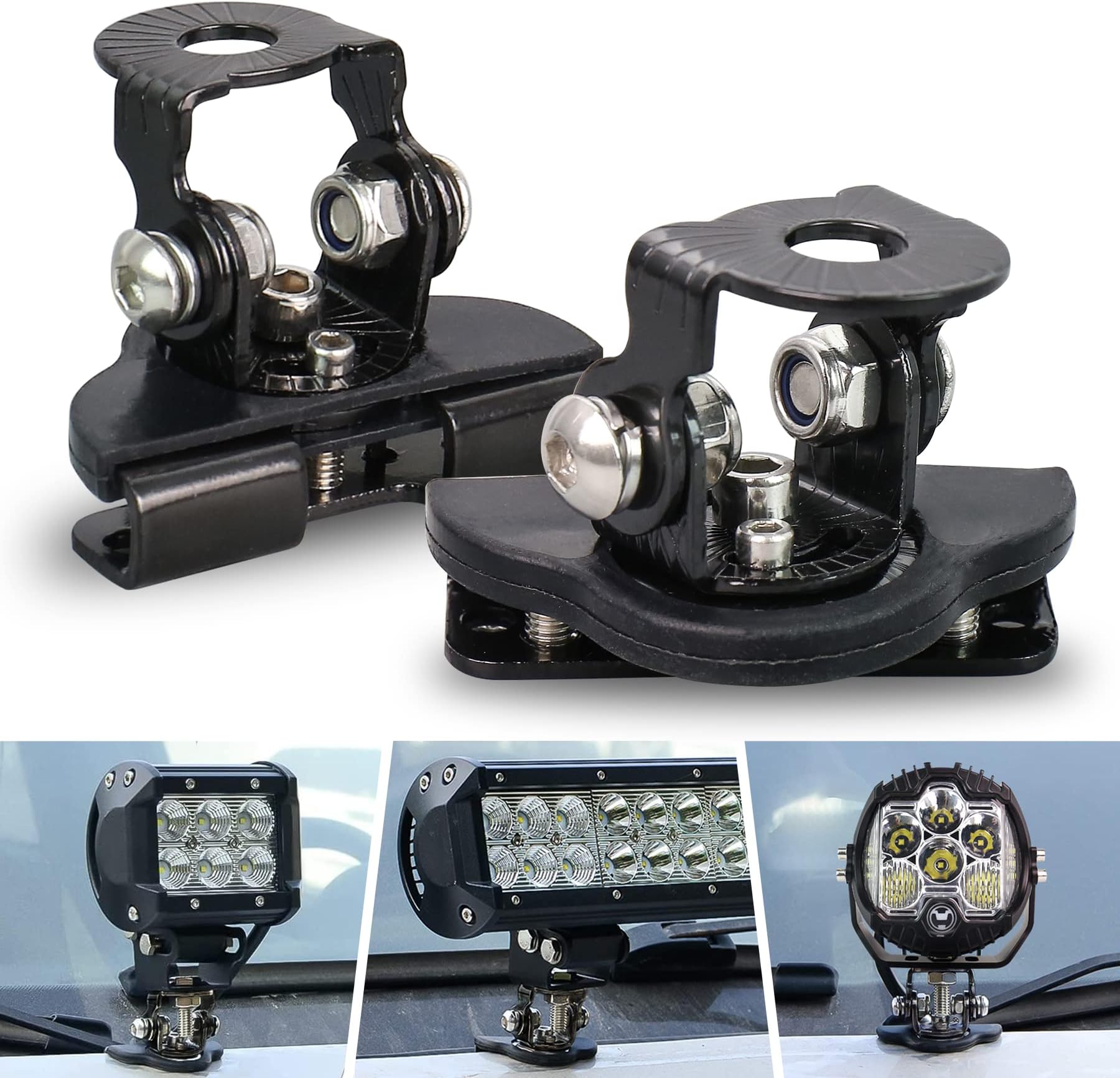 LED Light Bar Mounting Brackets Black No Drilling Adjustable Pillar Hood Light Mount Bracket Clamp 304 Stainless Steel for Off Road Vehicle Trucks SUV