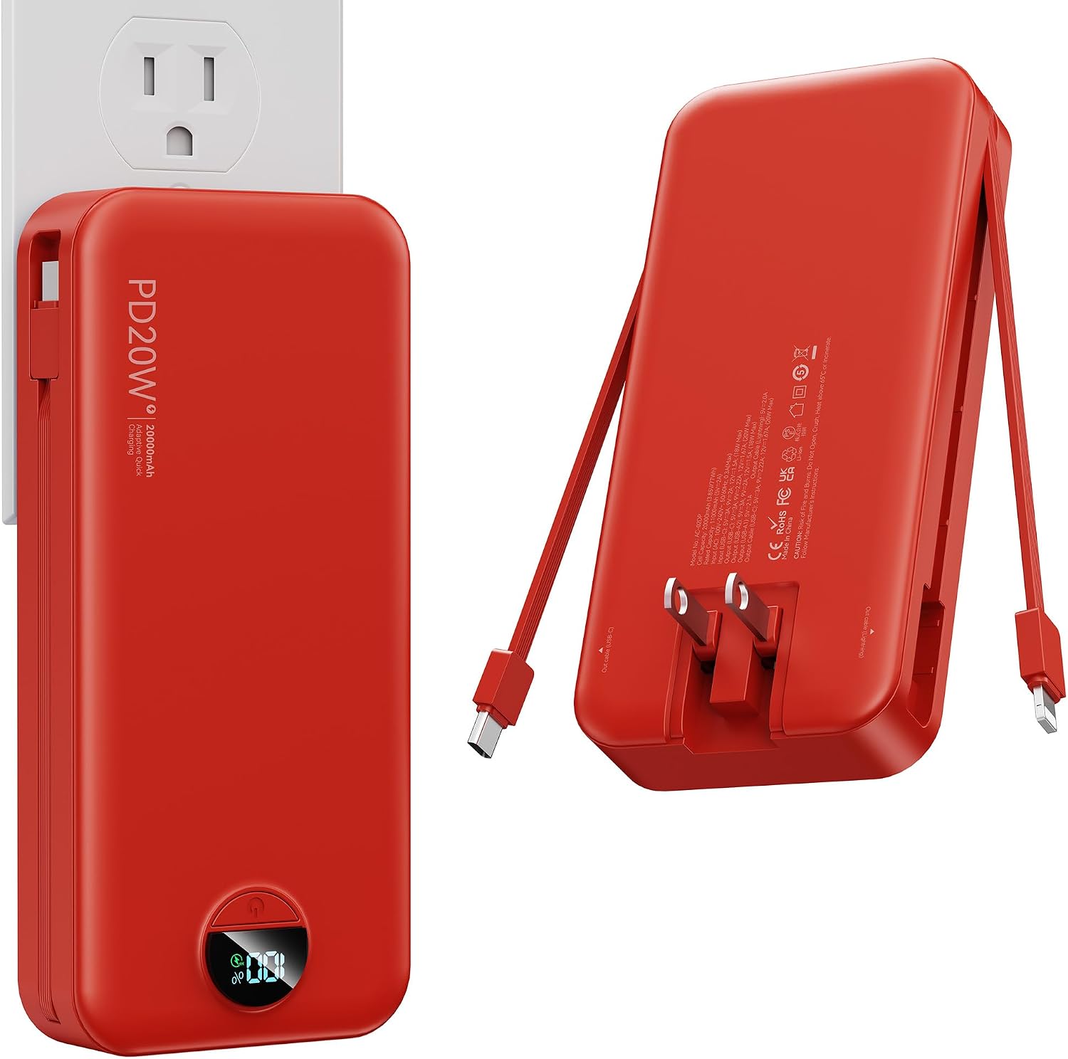Nusyddy Portable Charger 20000mAh Fast Charging w/Built-in Wall Plug Red | PD20W Fast Charging, High Capacity, LED Display, Charge 5 Devices at once, TSA Approved, Compatible with iPhone/Samsung