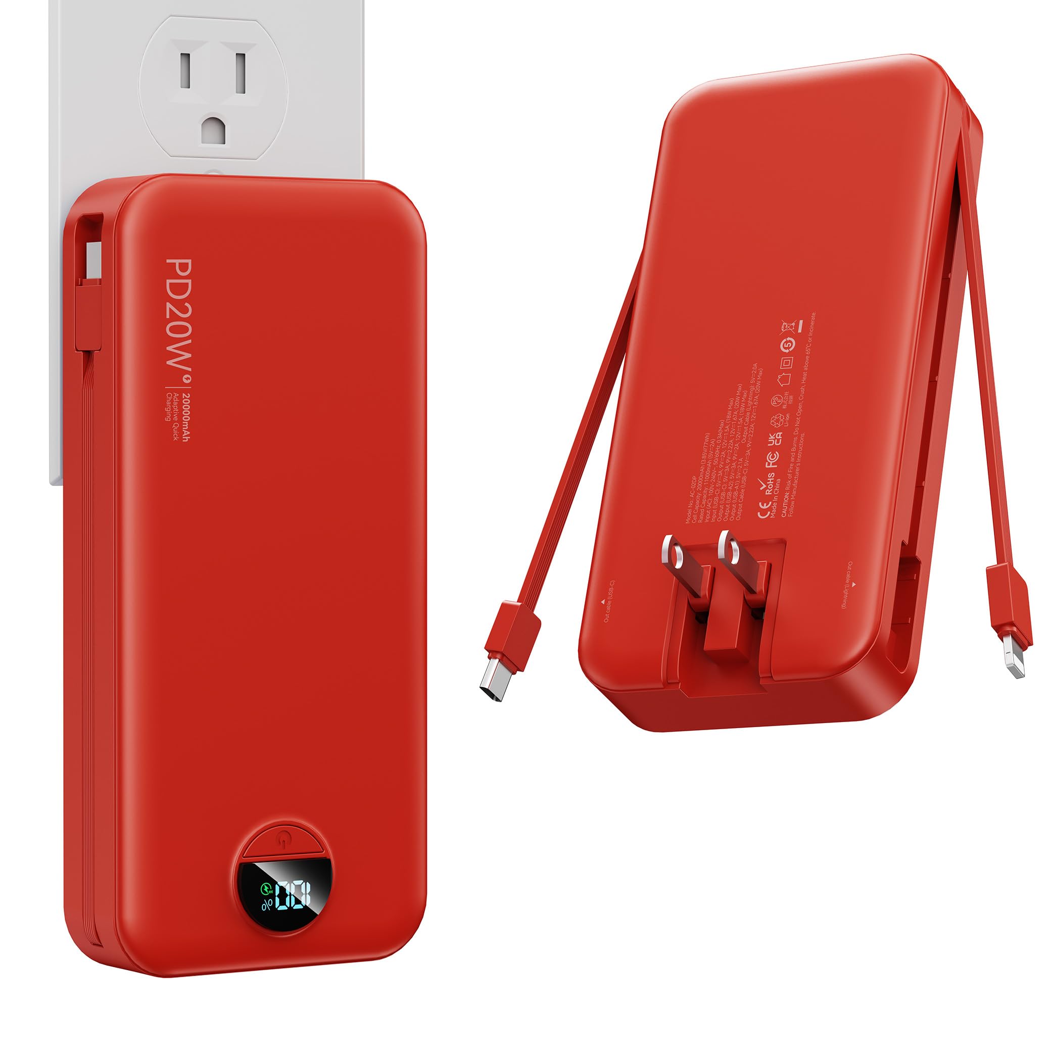 Nusyddy Portable Charger 20000mAh Fast Charging w/Built-in Wall Plug Red