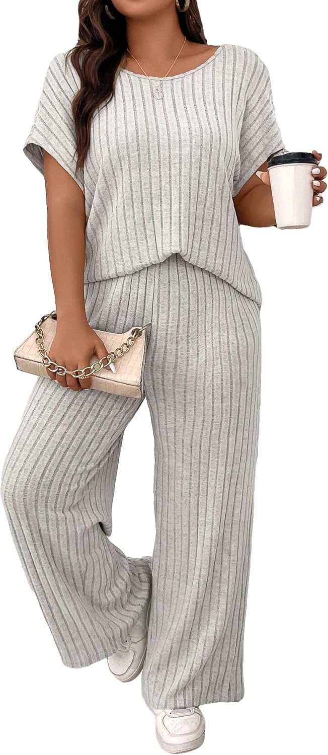 Floerns Women's Plus Size Short Sleeve Tee Shirt Wide Leg Pants 2 Piece Tracksuit