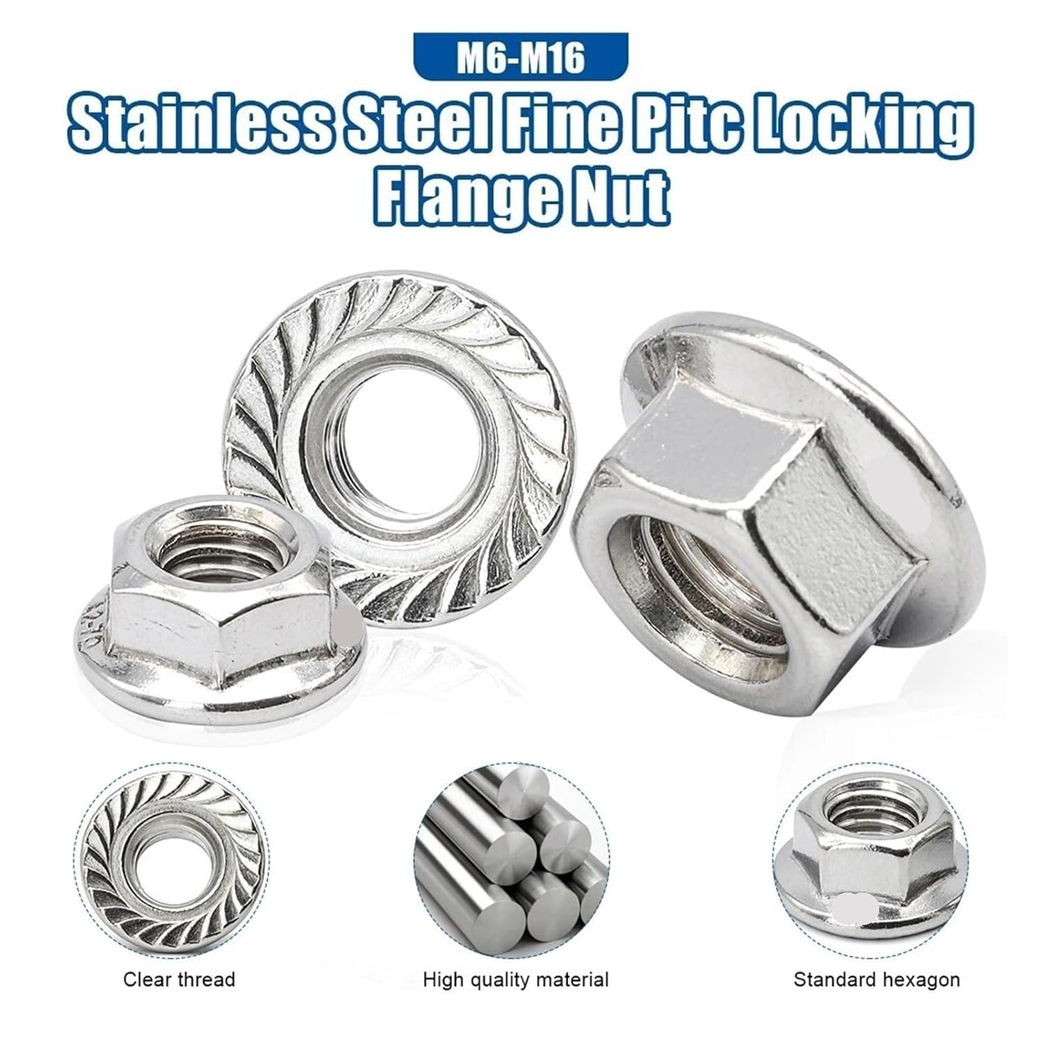 Hex nut with Flange, Fine Pitch Hexagonal Flange Nuts Stainless Steel Insert Locking Flange(M12x1.5)