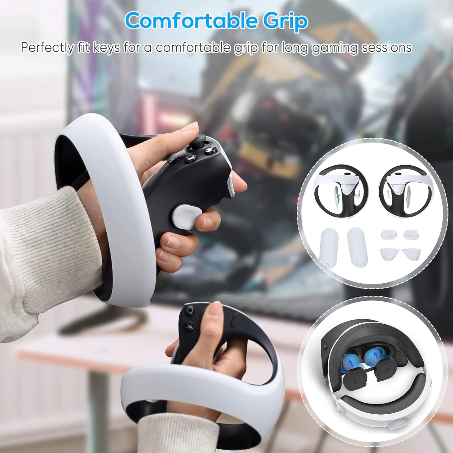 Non-Slip PSVR2 Silicone Pads, PSVR2 Headset Len Cover Lens Protector for PS VR2 Headset & Anti-Slip Silicone Pad Button Protective Cover for VR2 Sense Controllers, Anti-Sweat PS VR2 Accessories Kit