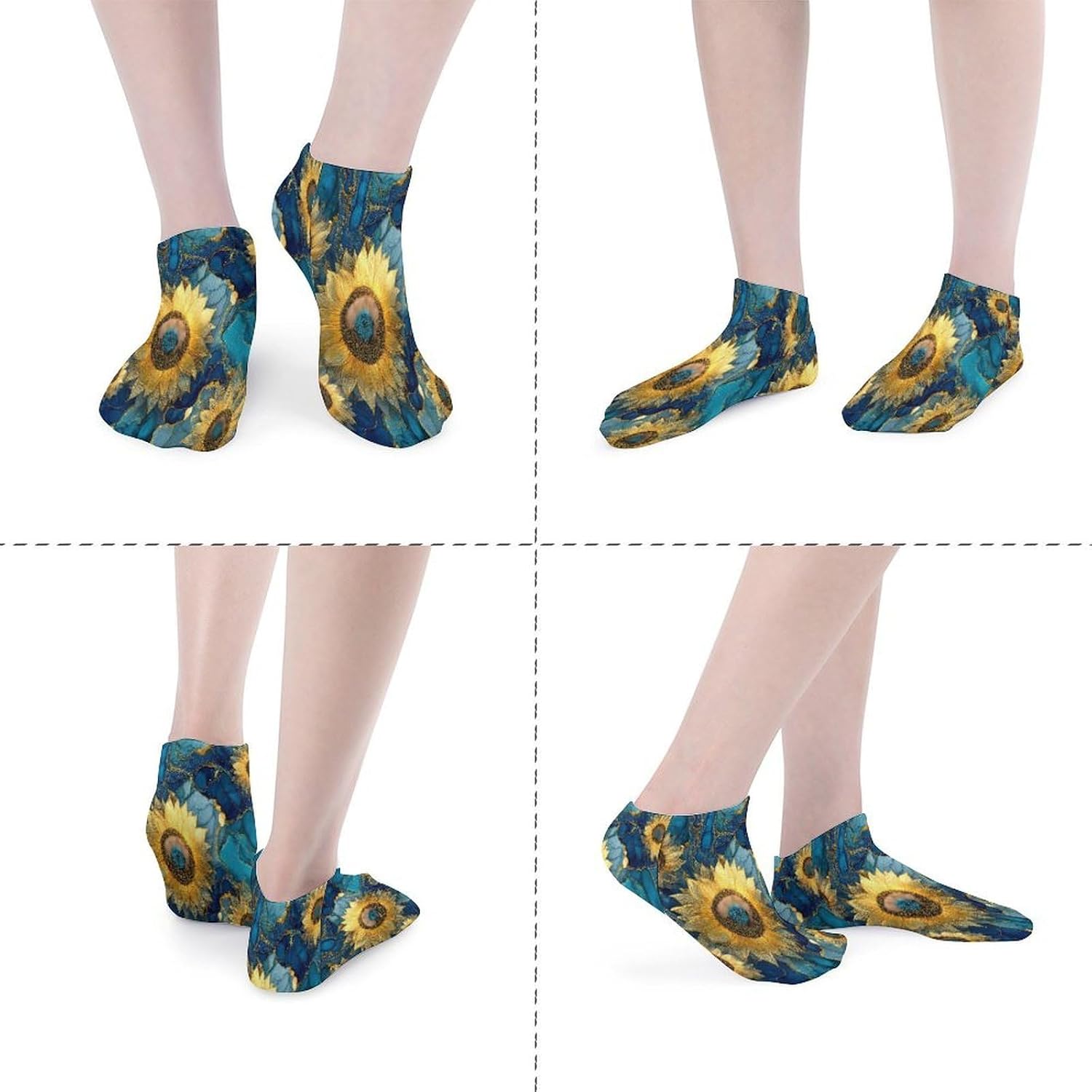 Sunflower Marble Blue Watercolor Socks for Men Women 5 Pairs Ankle Socks