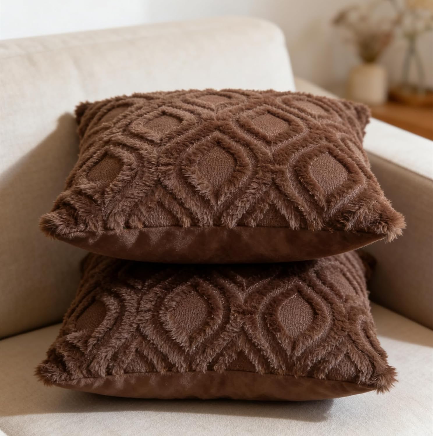 Pack of 2 Decorative Throw Pillow Covers 16x16, Soft Plush Faux Fur Wool Couch Cushion Pillow Covers Cozy Boho Farmhouse Neutral Square Pillow Case for Living Room Sofa Bed Home Decor Car, Coffee image 4