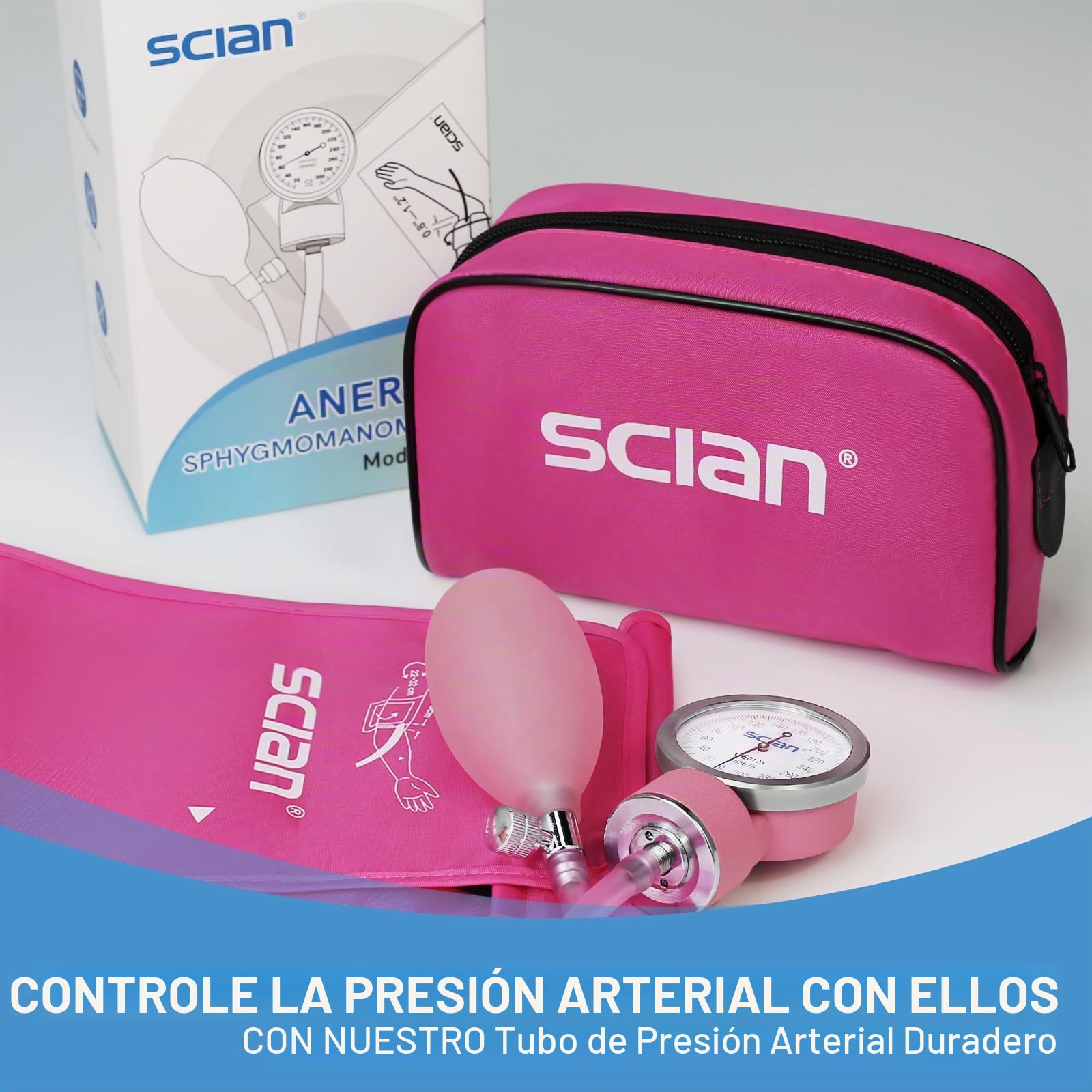 Tensiómetro manual SCIAN - esfigmomanómetro aneroide con manguito europeo (22-42 cm) y anillo en D, incluye estuche de transporte para enfermeras, médicos, personas mayores, adultos （rosa）