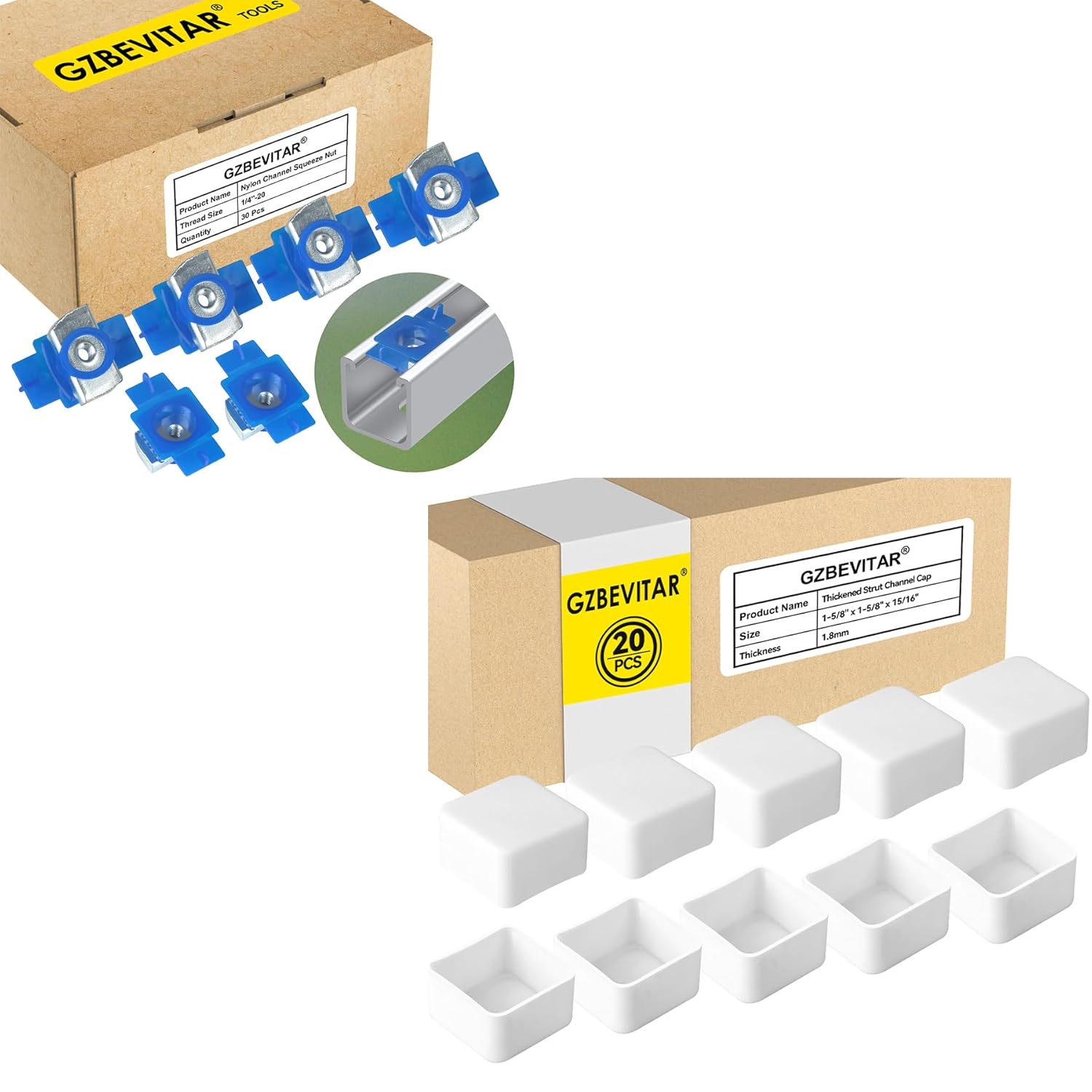 1/4"-20 Nylon Channel Squeeze Nut - 30 Pcs, White Strut Channel Caps - 20 Pack