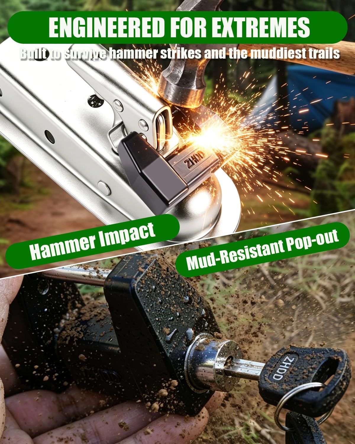 Heavy Duty Trailer Coupler Lock, 1/4" Pin with 1-1/4" Wider Span, Push-to-Lock Tongue Latch, 3 Keys, Anti-Theft Tow Hitch Security for Boat Trailer, RV, Camper & Utility Towing