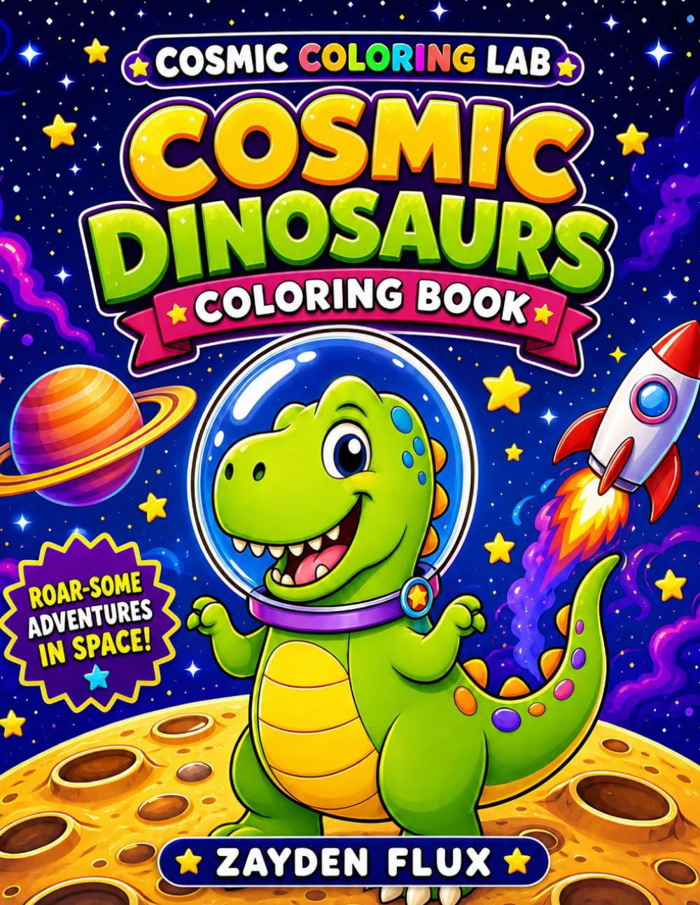 Cosmic Coloring Lab: Cosmic Dinosaurs Coloring Book: 30 Cute Space Dinosaur Coloring Pages for Kids and Adults with Astronaut Dinos, Rockets, Planets, Stars, and Fun Cosmic Adventures