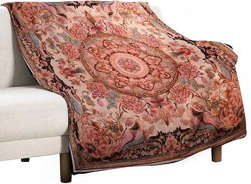 Manta suave de franela color melocotón rubor, acogedora y cálida, manta ligera de felpa con patrón de alfombra vintage, manta grunge antiguo, 30 x