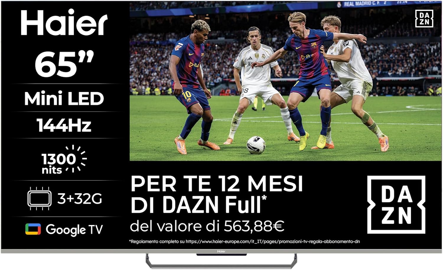 Haier Mini LED 4K UHD H65M90EUX 65'' Smart TV, Google TV, Dolby Atmos e Dolby Vision, 144Hz, HDR 10, Google TV, Processore Quad Core, Bluetooth 5.1, DBX TV, HDMI 2.1 x 4 [2024]