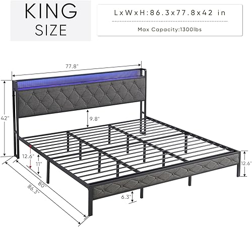 Miniatura 2 de Base de cama LED King con cabecera de almacenamiento, plataforma tapizada con estación de carga y luces LED, listones de metal pesado, no necesita