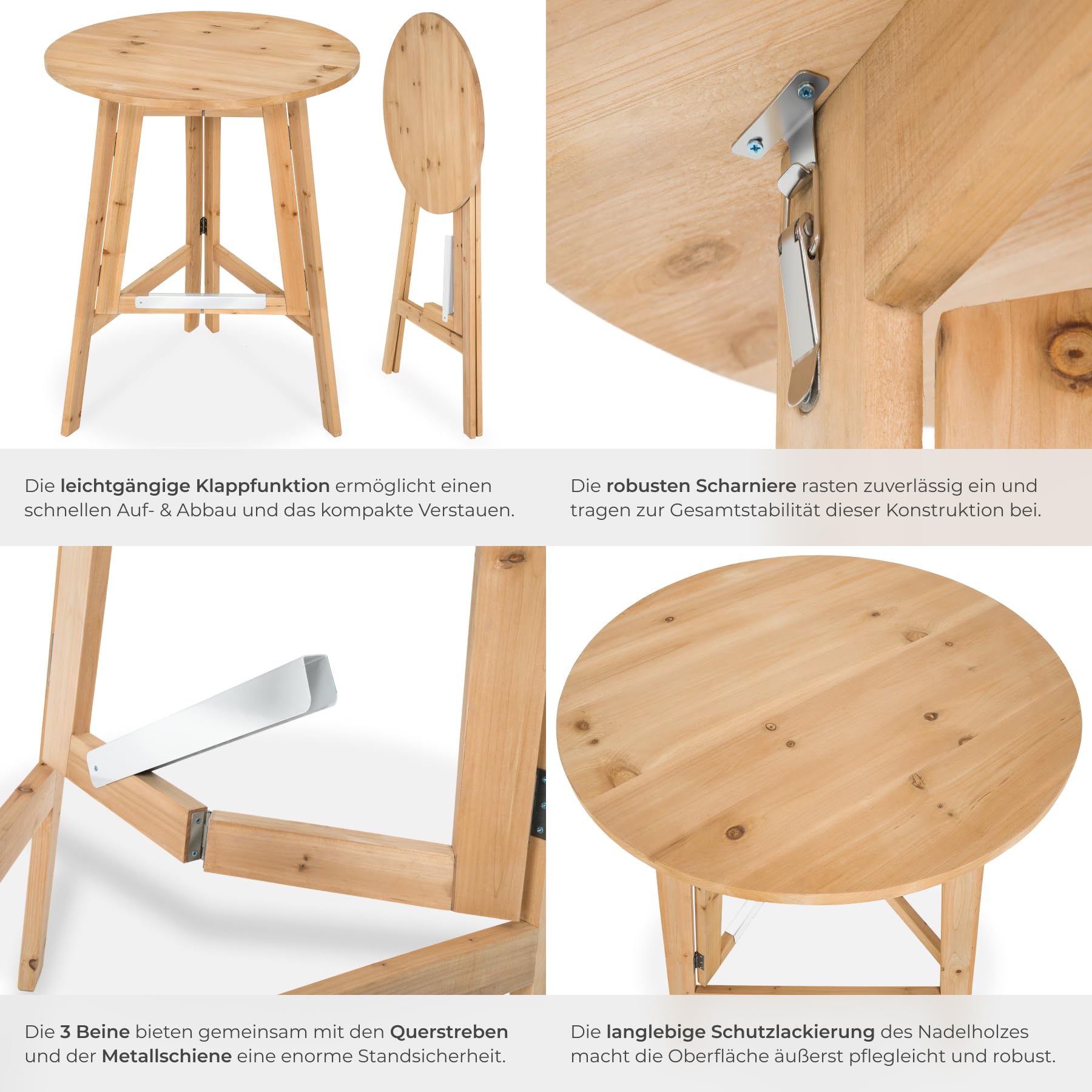 tectake® Klapptisch Holz, Stehtisch klappbar, Tisch rund, klappbarer Bistrotisch, Holztisch, Beistelltisch klappbar, Klapptisch, runder Tisch als Bartisch für Stehempfang - Höhe ca. 110 cm, Ø 79 cm