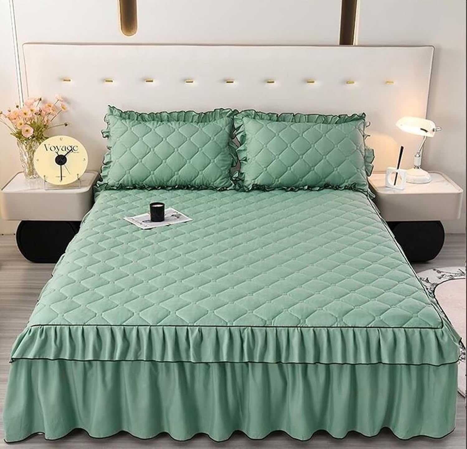 Beydodo Bed Sheet 180x200cm, Polyester Ruffles Bed Skirt Solid Green with Lace, Fitted Bed Sheets for Dorm