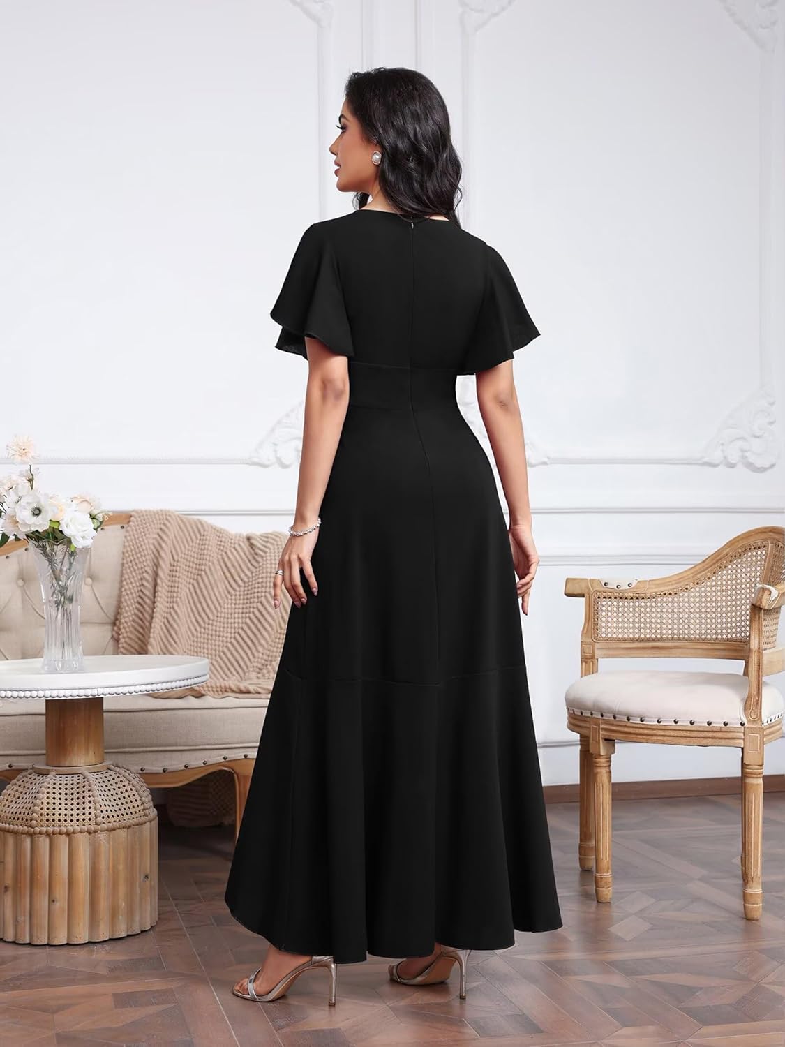 Womens Formal Dresses Elegant V Neck Wrap Ruffle Sleeves Side Split Wedding Guest Dress 3089 Xin - Image 6