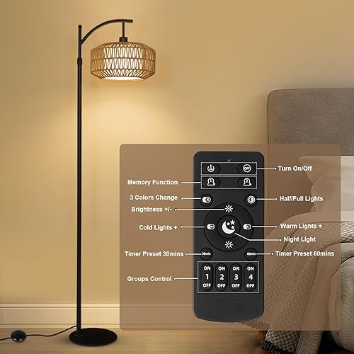 Miniatura 8 de Lámparas de pie de arco para sala de estar, lámpara de pie de ratán regulable con control remoto y bombilla LED, lámpara de pie moderna de mediados