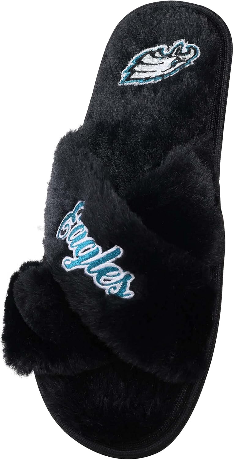 FOCO Womens NFL Team Script Wordmark Fuzzy Cross Slide Slippers
