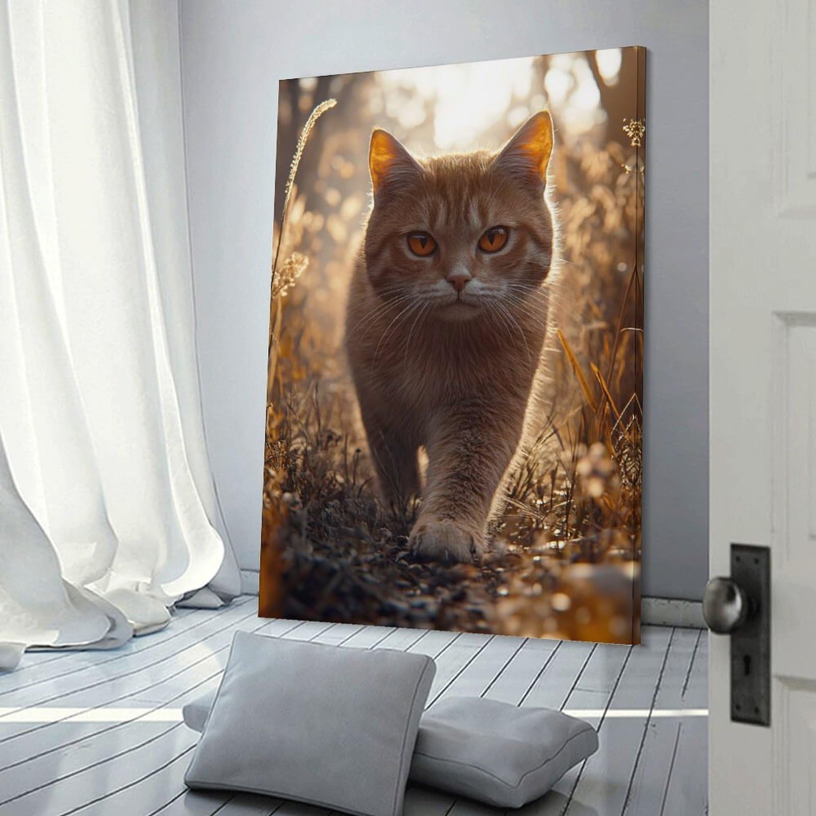 Junmoney Frame-Style-14 Orange Cat Walking Through Field Canvas Wall Decor 20X30inch(50X75cm), For Study, Office Or Focused Interiors, Wall Art That Adds Style To Work Areas