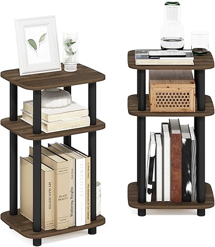 Miniatura 11 de Furinno JUST Mesa lateral, Mesa terminal Turn-N-Tube de 3 niveles con estante abierto, Mesita de noche con esquina de curva redonda, Mesa de Roble