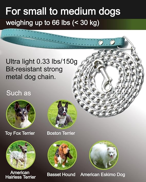 Dog Leash, Metal Pet Leash with Comfortable PU Leather Handle for Small and Medium Size Dogs 4 FT (Blue)