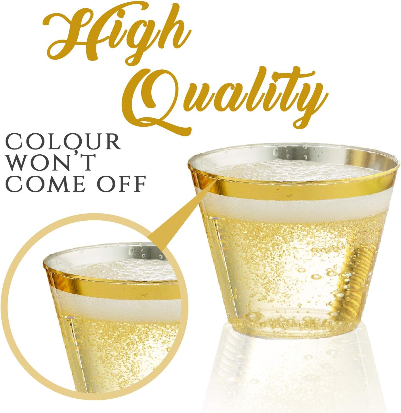Gold Rimmed Clear Cups 9 oz. | Old Fashioned Tumblers | Elegant Plastic Party Cups | Fancy Disposable Wedding Cups | Heavy Duty Gold Rimmed Cups (100 ct)