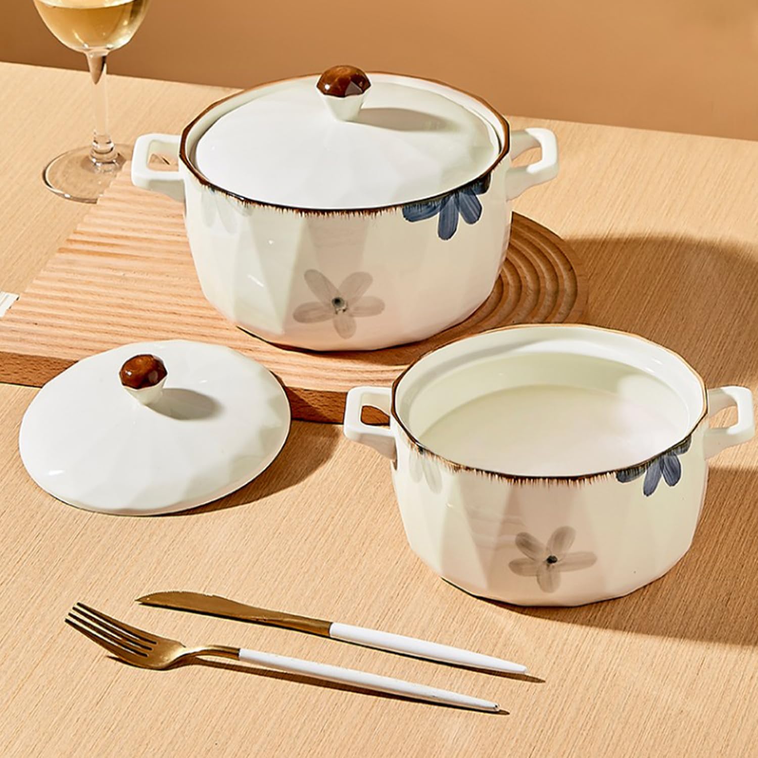 Suppenschüssel mit Deckel, große Ramenschüssel, Keramik, Instant-Nudelschüssel, mikrowellengeeignet, große Suppentasse (weiße Blume, 1600 ml)