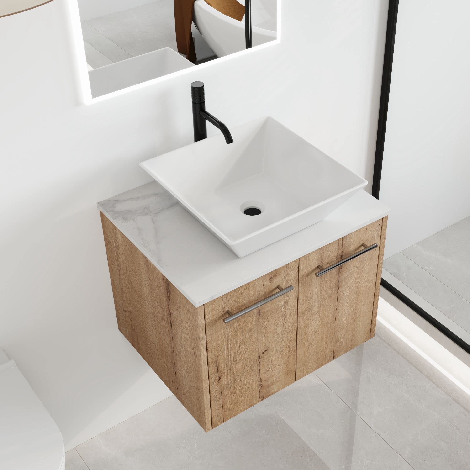 Malwee 24 Inch Floating Bathroom Vanity With Sink – Wall Mounted Single Sink, 2 Doors, White Ceramic Basin Top – Modern Space-Saving Design