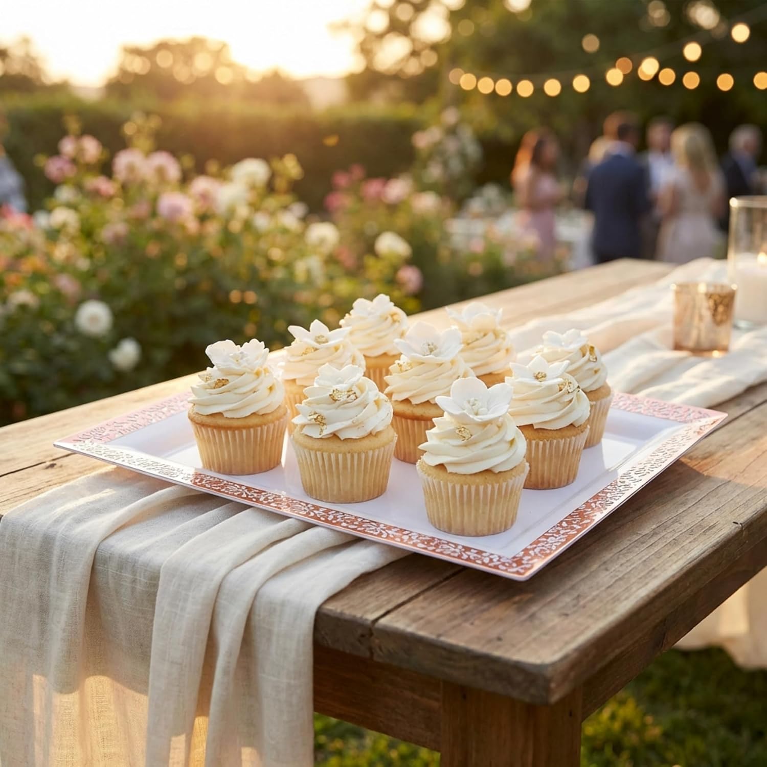 Yumchikel-Plastic Serving Tray & Platter Set (4pk) White & Rose Gold Lace Disposable Party Trays & Platters for Food - Weddings, Dessert Table, Cupcake Display -14"x7.5" inches image 2