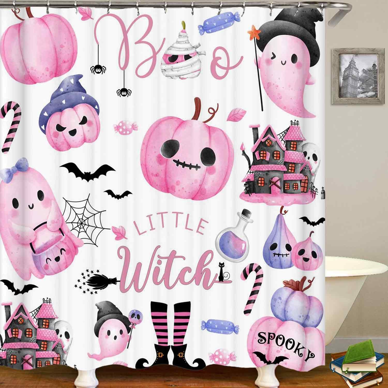 4PCS Halloween Shower Curtain Set, Waterproof White Fabric Shower Curtain, Non-Slip Bath Mat Bathroom Rugs, Cute Pink Ghost Funny Pumpkin Bat Castle Witchy Magic Hat Gothic Kids Bathroom Decor