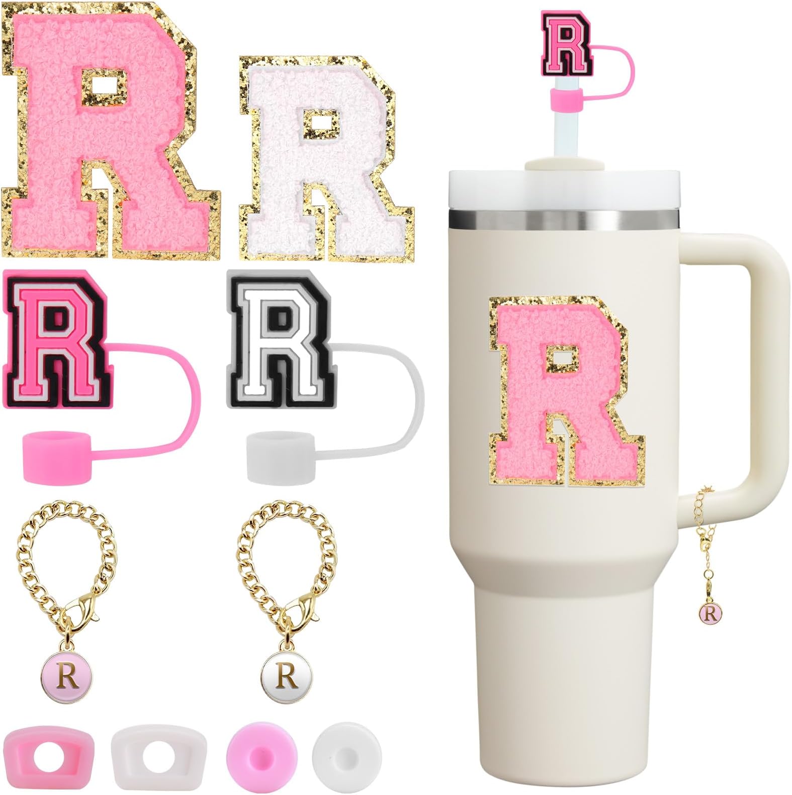 Mity rain 10pcs Set Designed for Stanley Cup Accessories - Including Straw Cover Cap, Letter Charm, Letter Stickers, Tumbler Spill Proof Stoppers for Stanley 40oz/ 30oz Pink Decorations (R)