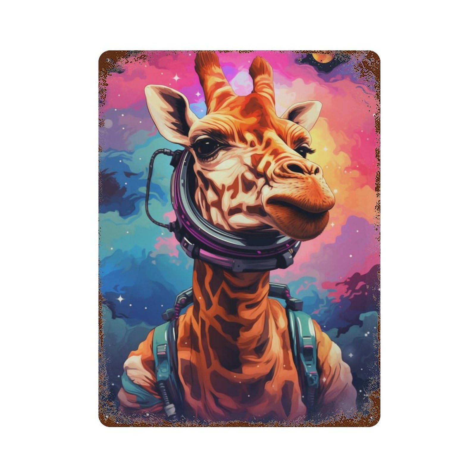 Giraffe Astronaut Space Art Print-1 Decorative Tin Sign 15.7"x11.8", for Farmhouse, Kitchen And Entryway Decor, Vintage Wall Decor