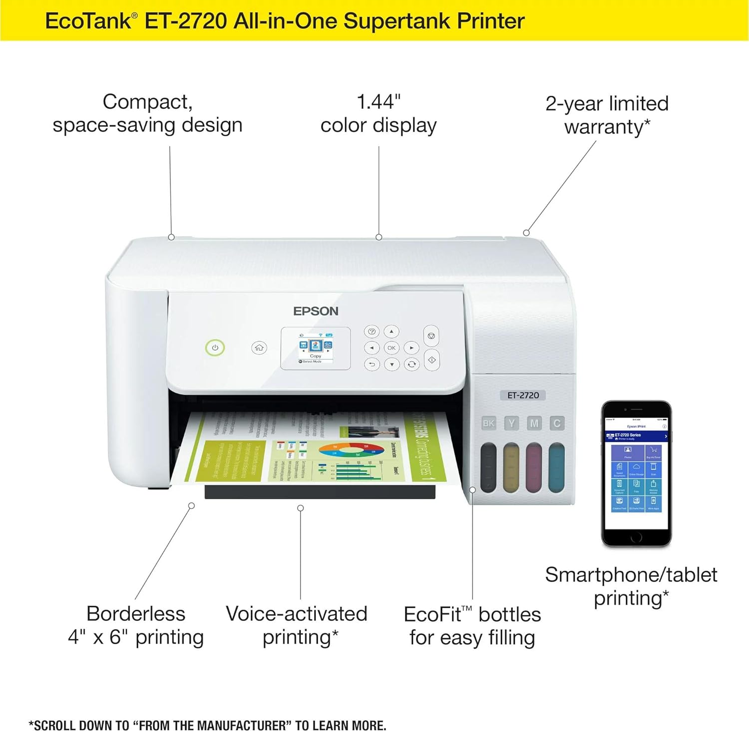 Epson EcoTank ET-2720 Wireless All-in-One Supertank Color Inkjet Printer, White - Print Scan Copy - 10.5 ppm, 5760 x 1440 dpi, 1.44" LCD, Voice Activated, Ethernet, Borderless Print (Renewed)