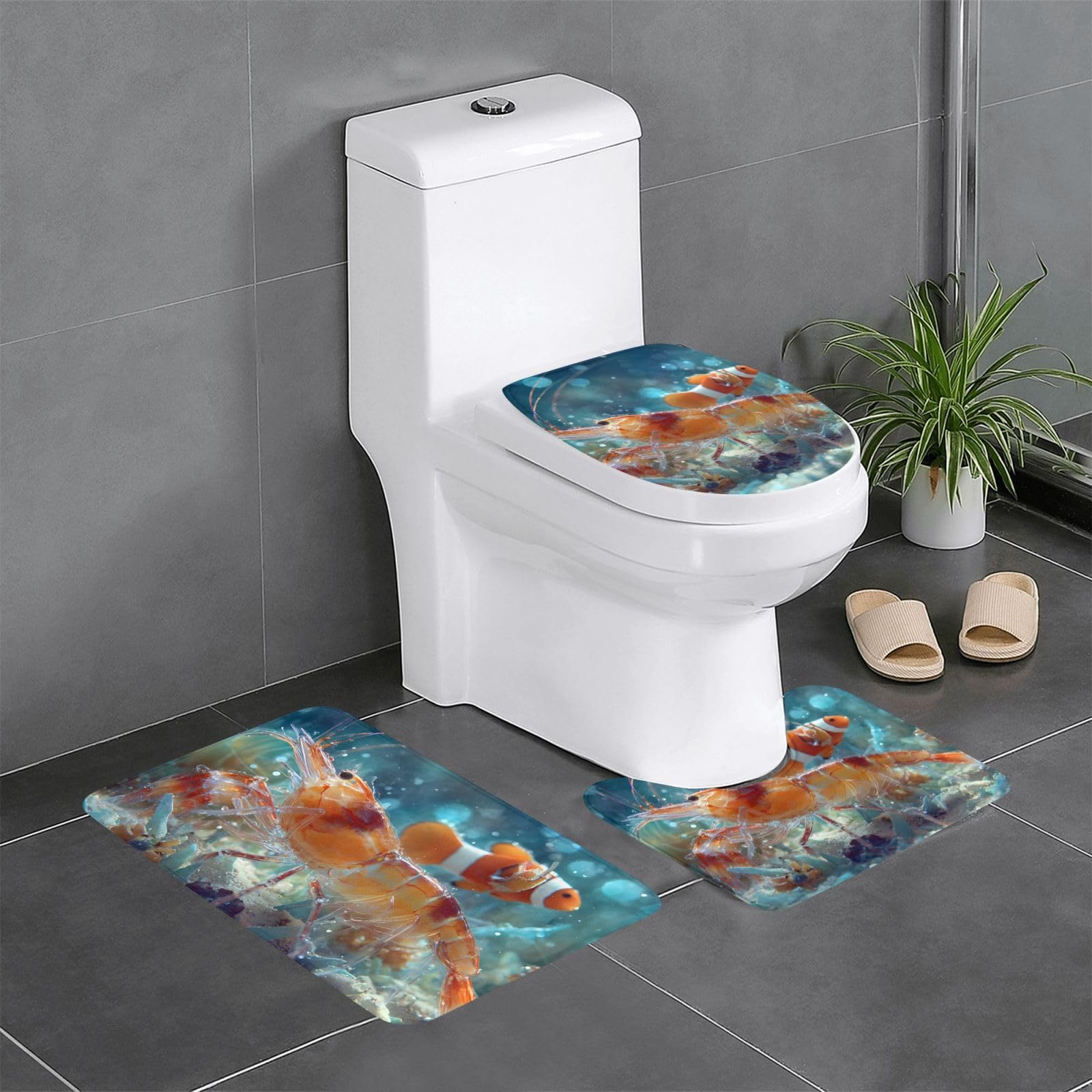 Tapis de salle de bain antidérapant lot de 3 avec contour WC design crevettes marine