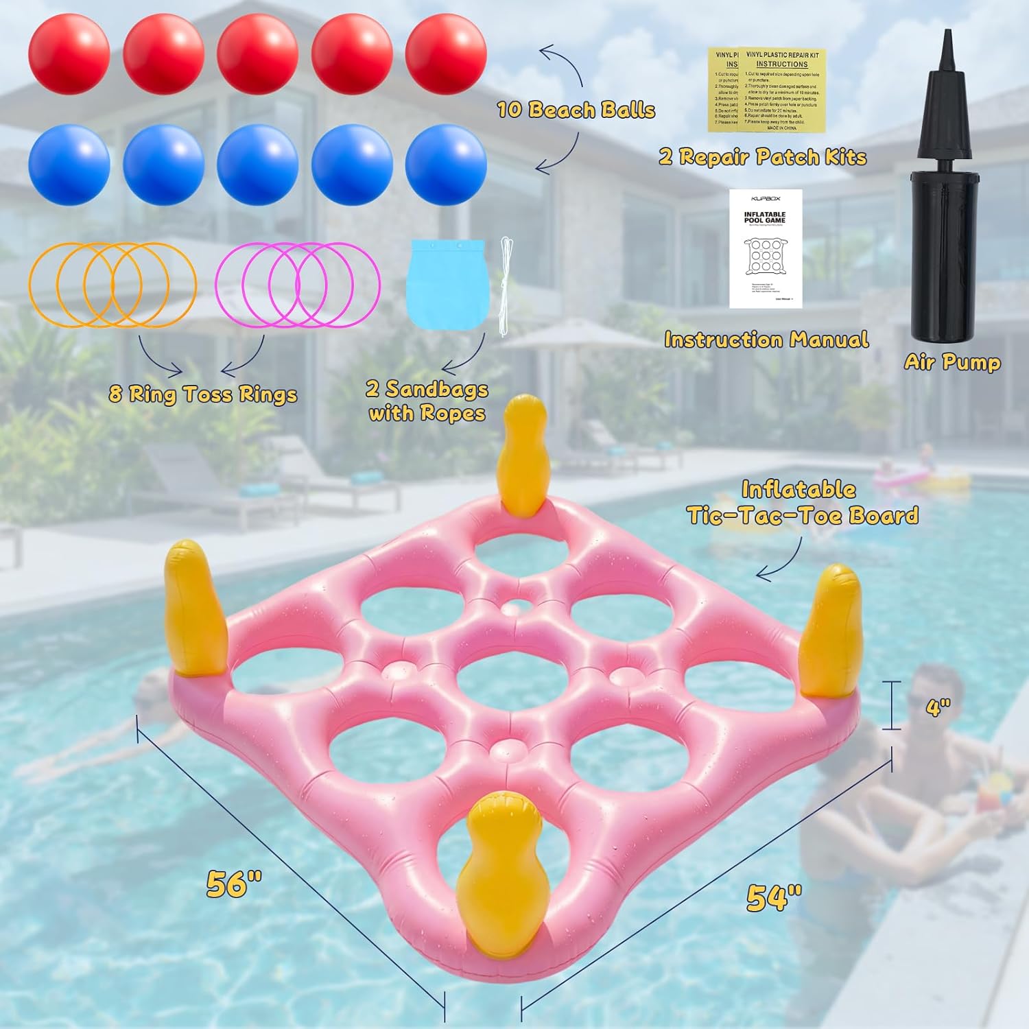 ECHTPower Tic-Tac-Toe Pool Toys Games - 2-in-1 Giant Inflatable Pool Floats with Ring Toss Set and 10 Balls, Fun Summer Party Water Beach Float Game for Adults Teens Kids (Pink)