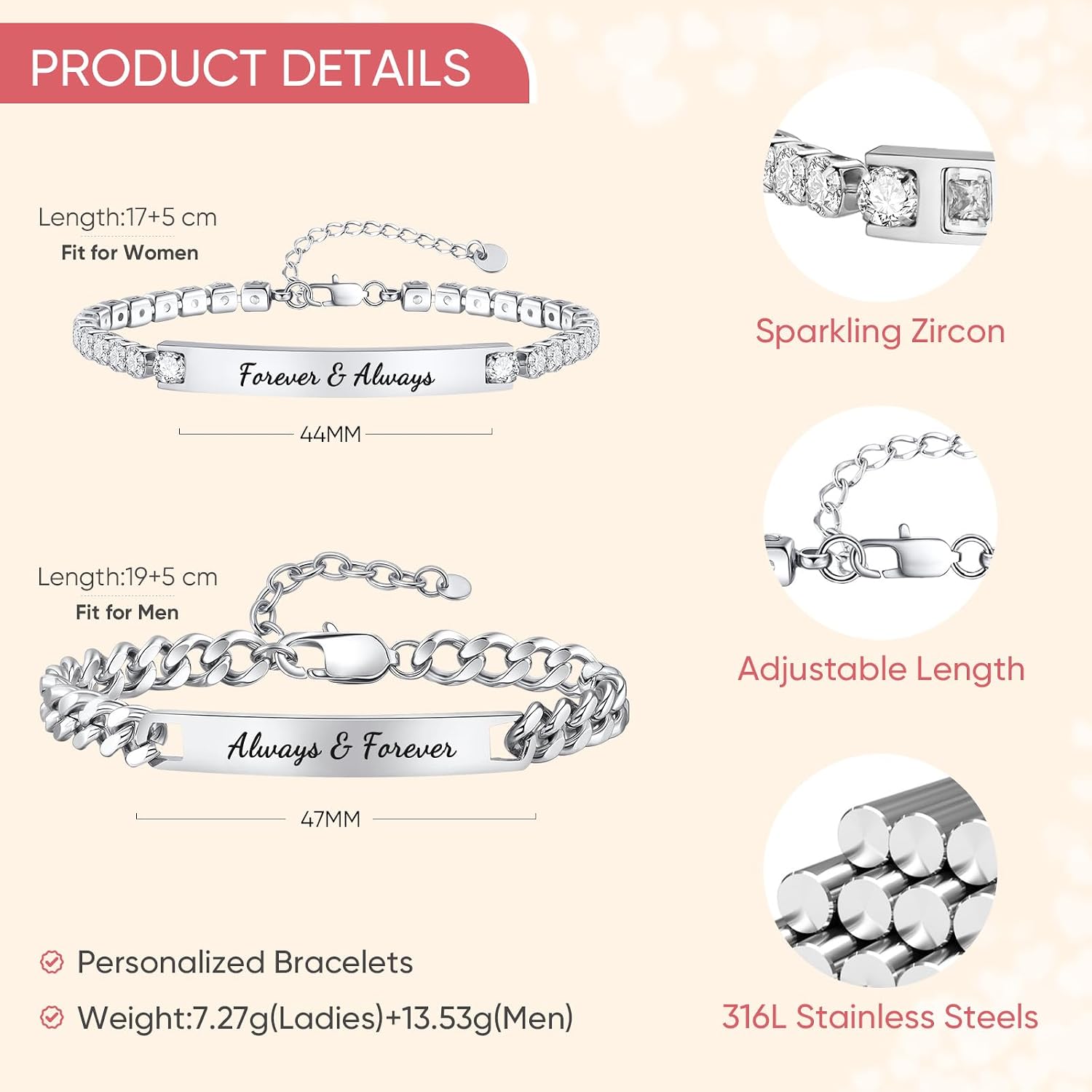 Hisatan Personalized Couple Bracelet Set - Promise Gifts for Him and Her Relationship Personalized Gift for Men Women, Free Engraving Custom Couples Bracelets Valentine Day