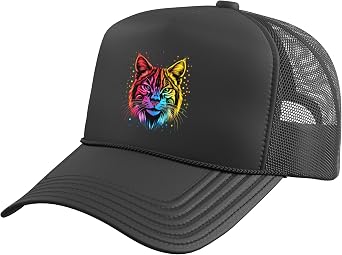 Colorful Bobcat Face Animal Lover Men Women Black Trucker Hat with Adjustable Mesh Back