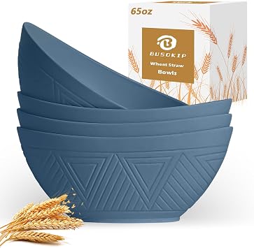 65 OZ Wheta Straw Bowls Set - Unbreakable Large Salad Bowl 4 PCS, Large Capacity Kitchen Bowls Microwave & Dishwasher Safe Serving Bowl for Salad, Popcorn, Chip Blue