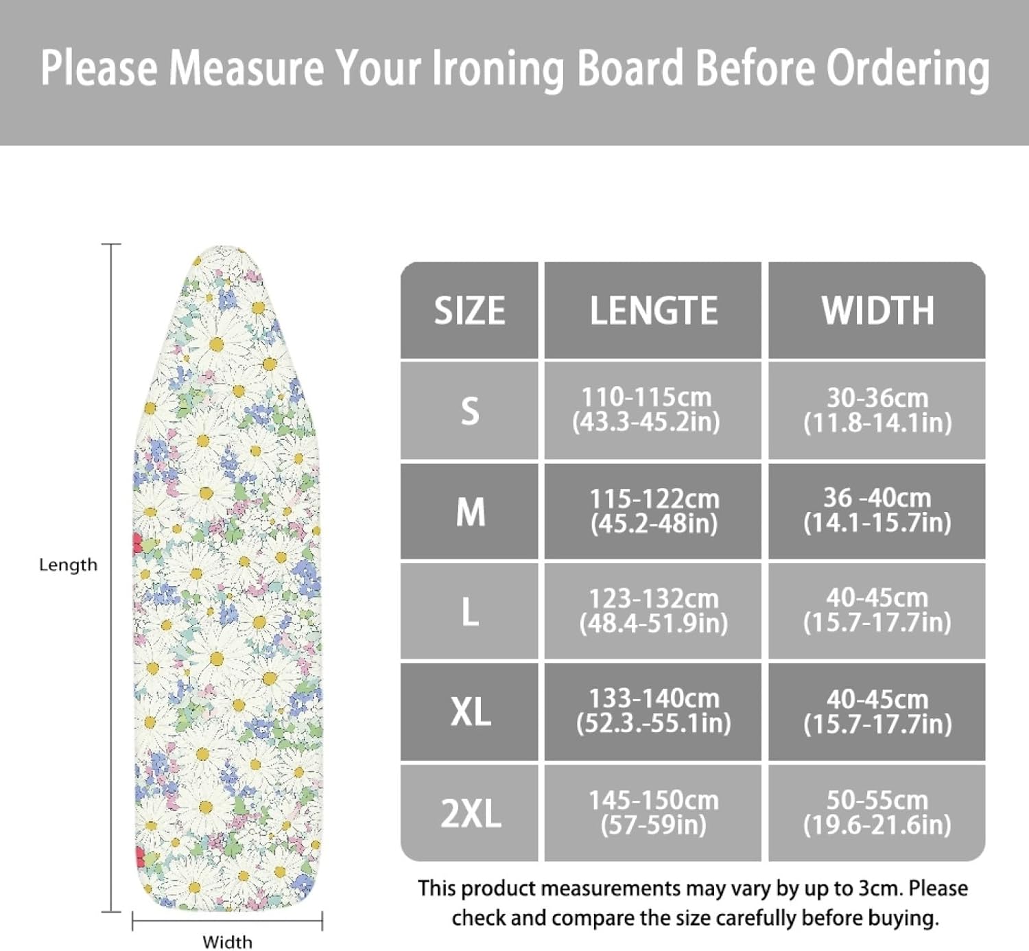 Large Ironing Board Cover and Pad 59x19 White Blue Flower Iron Table Cover with Padding,Extra Wide,Resist Scorching and Staining,Heatproof,Adjustable Fastener Durable Stain