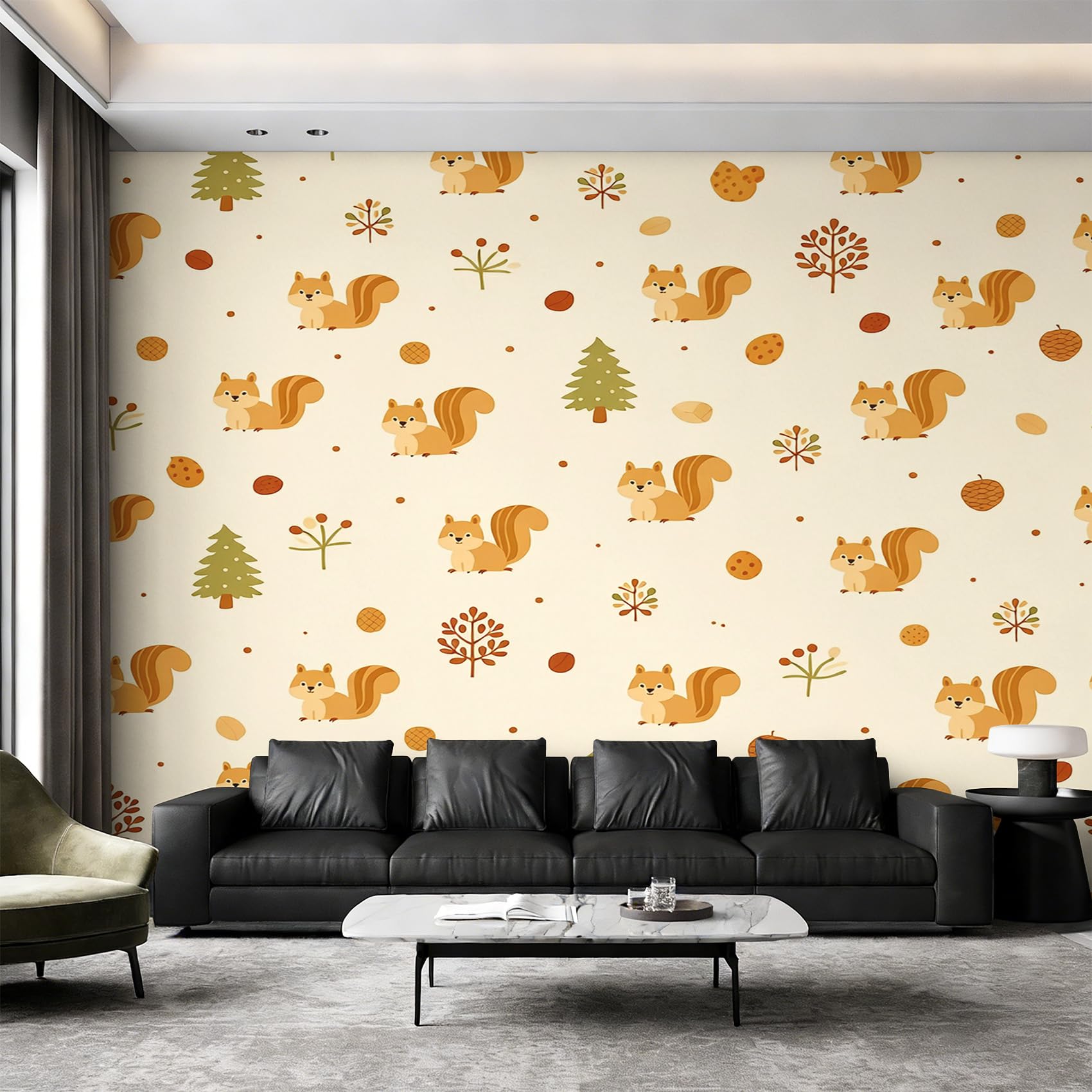 Papier peint intissé écureuil botanique pour salon et cuisine