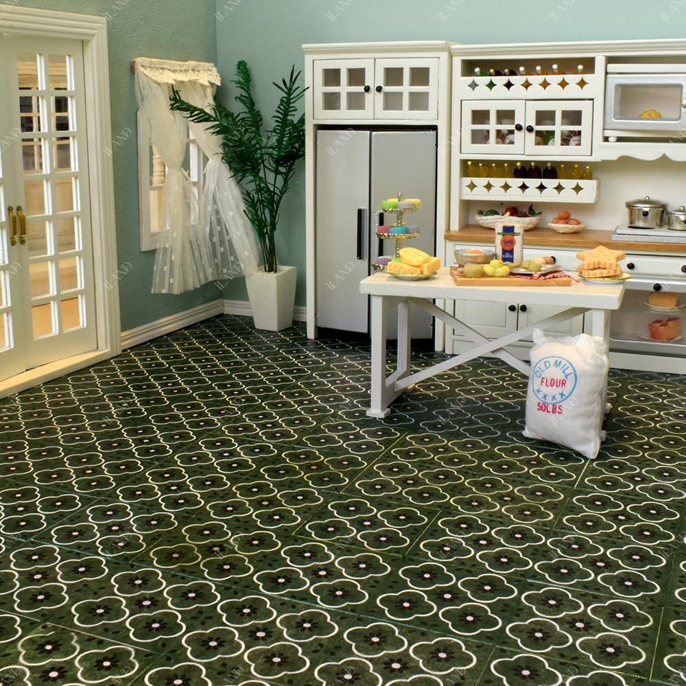 iLAND Dollhouse Flooring on 1/12 Scale 1/6 Scale, Miniature Dollhouse Accessories, 30pcs Double-Sided Dollhouse Floor Tiles (French Green Floral & Colorful Terrazzo)