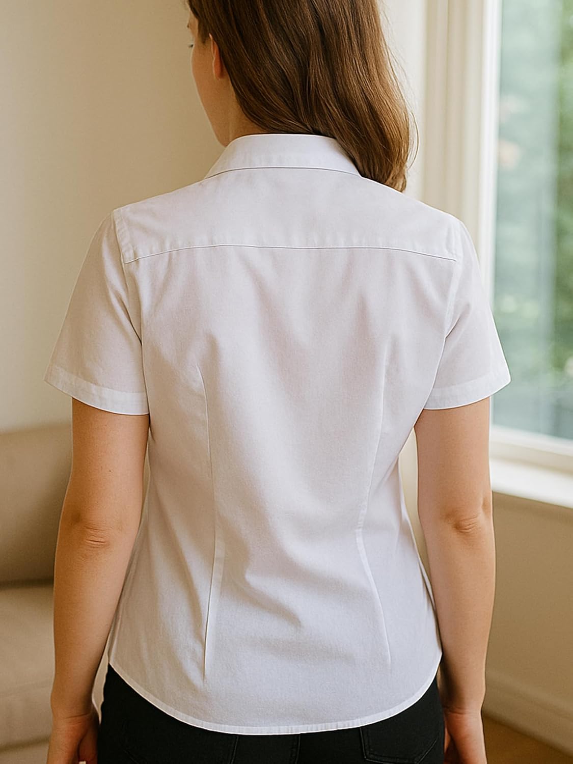 SUNNOW Womens White Y Neck Slim Fit Short Sleeve Blouse Office & Casual Shirt Tailored Top for Women - Image 3