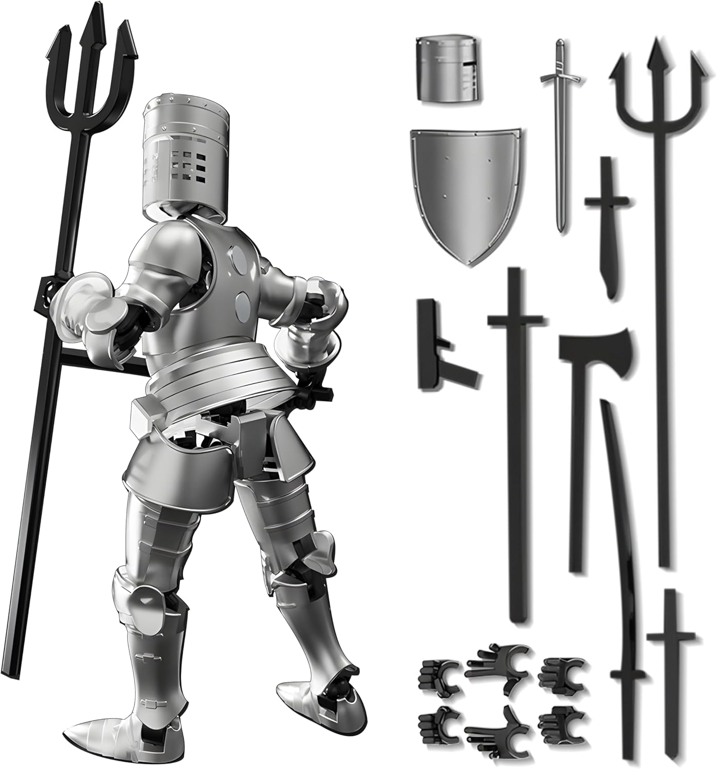 (Pre-Assembled) Dummy 13 Robot Action Figure in Armor, T13 Fifth Generation Medieval Knight with Weapons and Shields, Full Body Activity Robot, Magnetic Figures Desk Toys (Gold+Silver+Black+White)