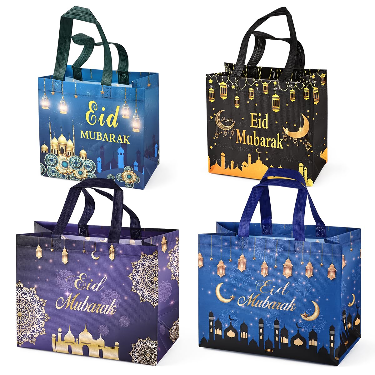 PARSUP 4PCS Eid Reusable Gift Bags, Assorted Sizes with Handles, Islamic Patterns, Non-Woven Material, Perfect for Eid Parties & Gift Giving