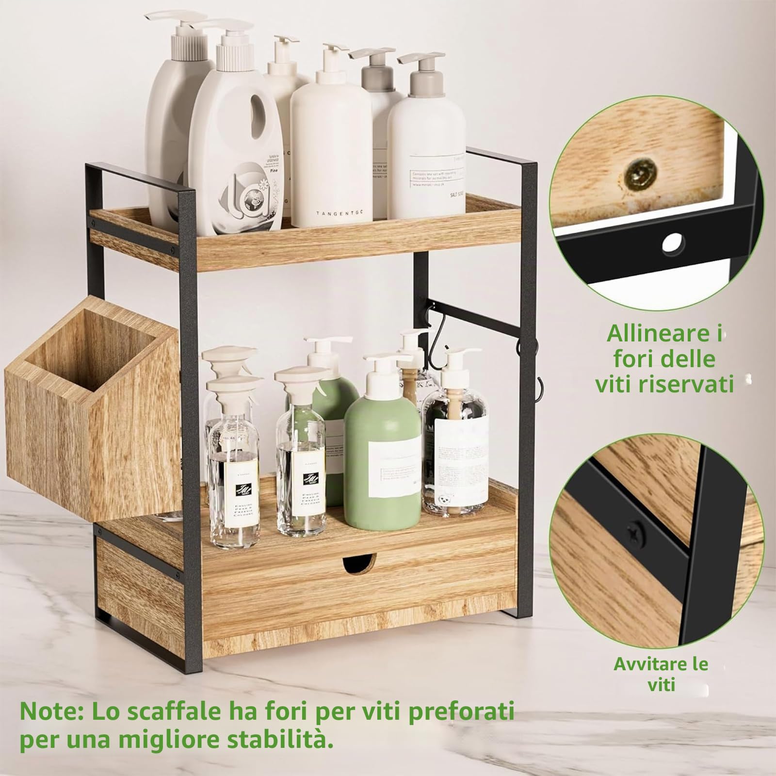 Kottwca Organizer da bagno a 2 livelli con cassetti, cestini e 2 ganci