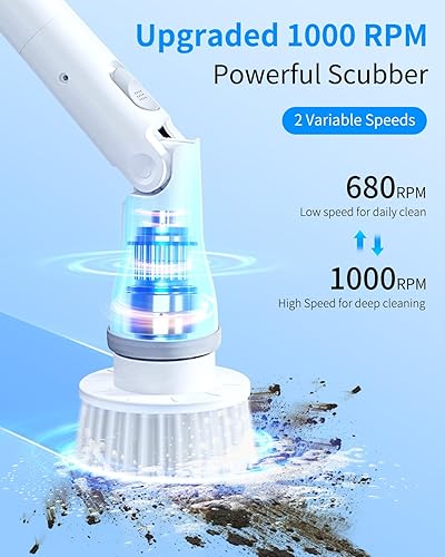 Miniatura 2 de Limpiador giratorio eléctrico, cepillo de limpieza de ducha inalámbrico de 1000 RPM, 4 cabezales reemplazables, limpiador de mano de 49 pulgadas