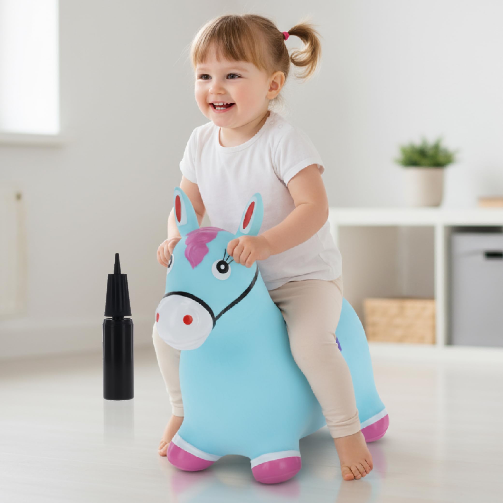 Sun Baby Animale gonfiabile che salta, giocattolo di 1 anno, saltarello per bambini, design ergonomico, cavallo giocattolo, pompa manuale inclusa (Cavallo blu)